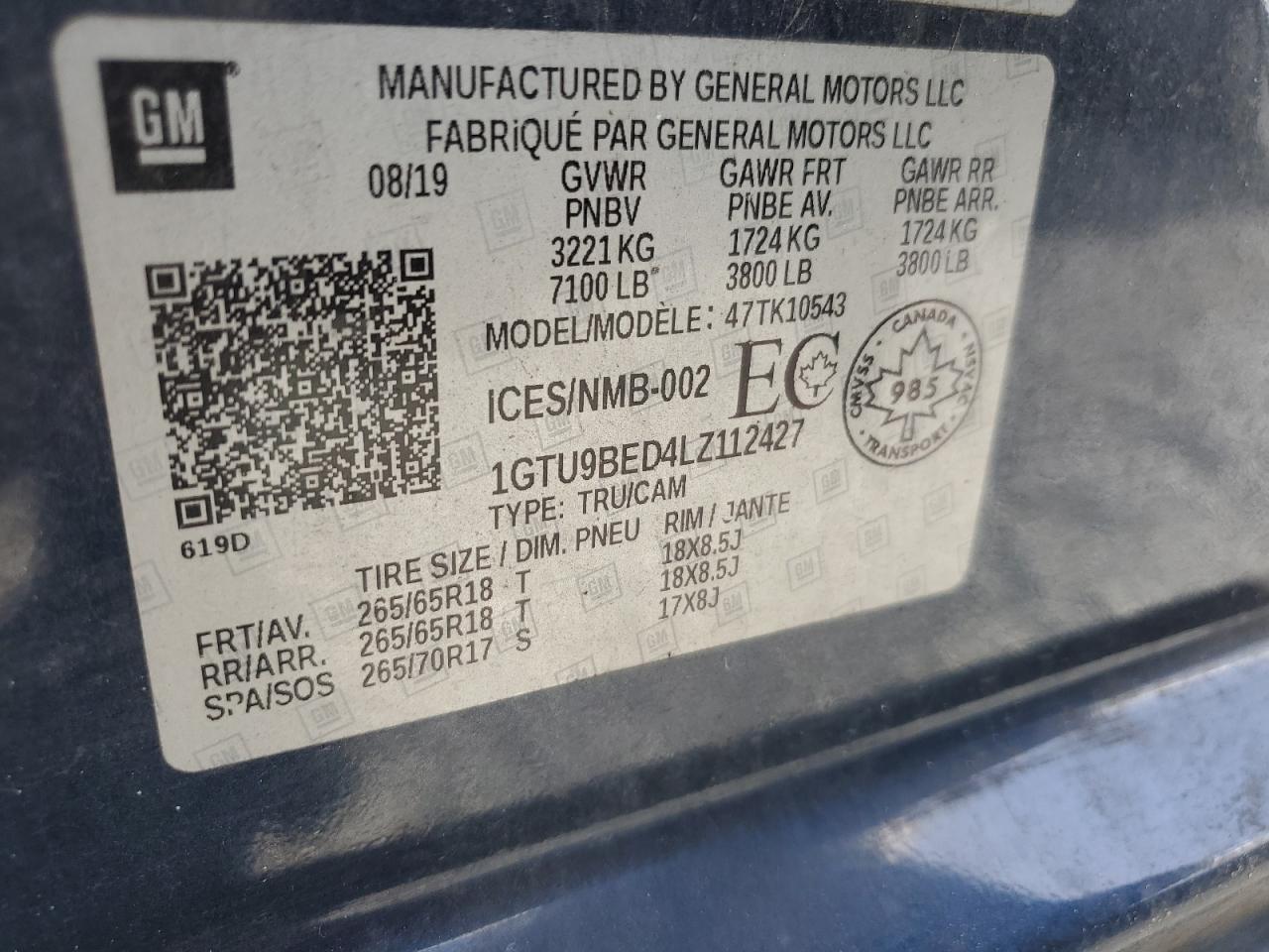 2020 GMC Sierra K1500 Sle VIN: 1GTU9BED4LZ112427 Lot: 82283215