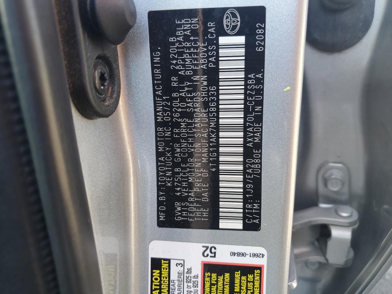 2021 Toyota Camry Se VIN: 4T1G11AK7MU586336 Lot: 82376615