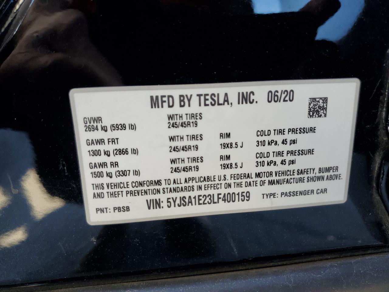 2020 Tesla Model S VIN: 5YJSA1E23LF400159 Lot: 81981805