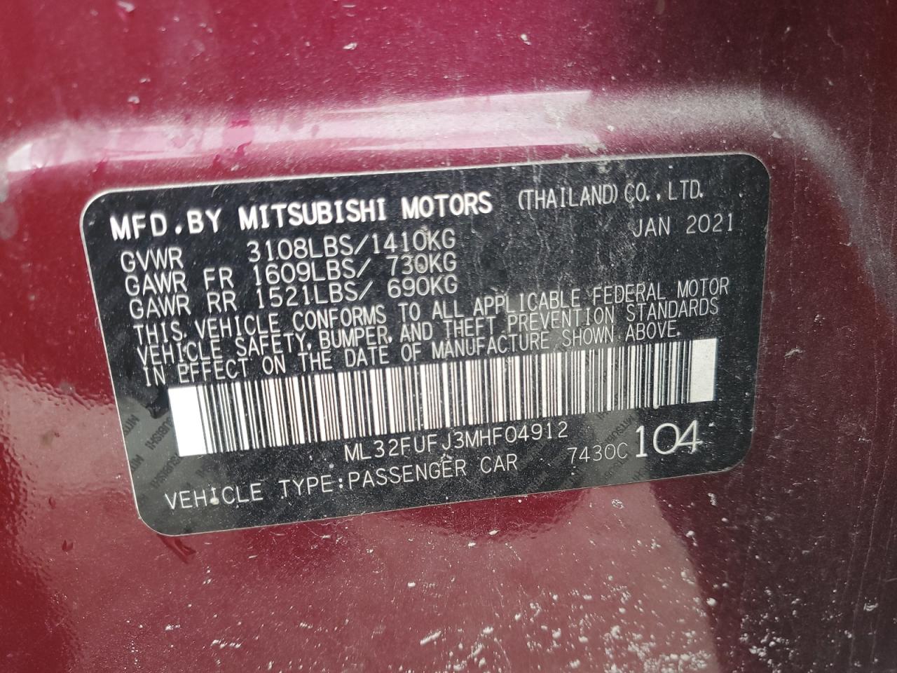 2021 Mitsubishi Mirage G4 Es VIN: ML32FUFJ3MHF04912 Lot: 85181715