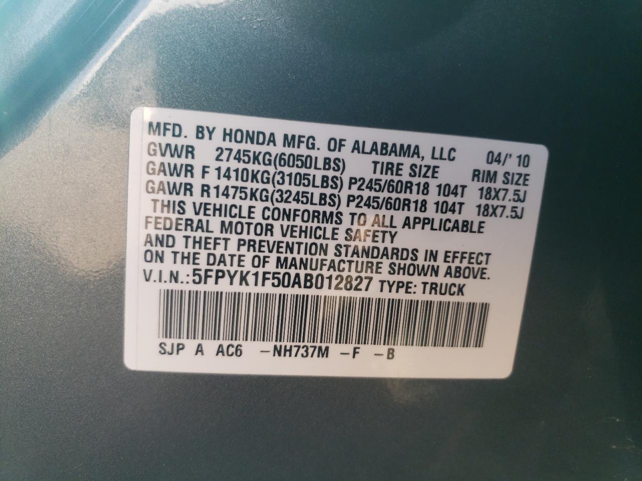 2010 Honda Ridgeline Rtl VIN: 5FPYK1F50AB012827 Lot: 84928625