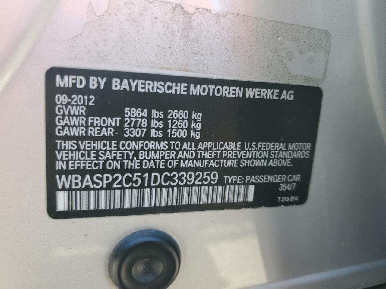 2013 BMW 535 Xigt VIN: WBASP2C51DC339259 Lot: 85147745