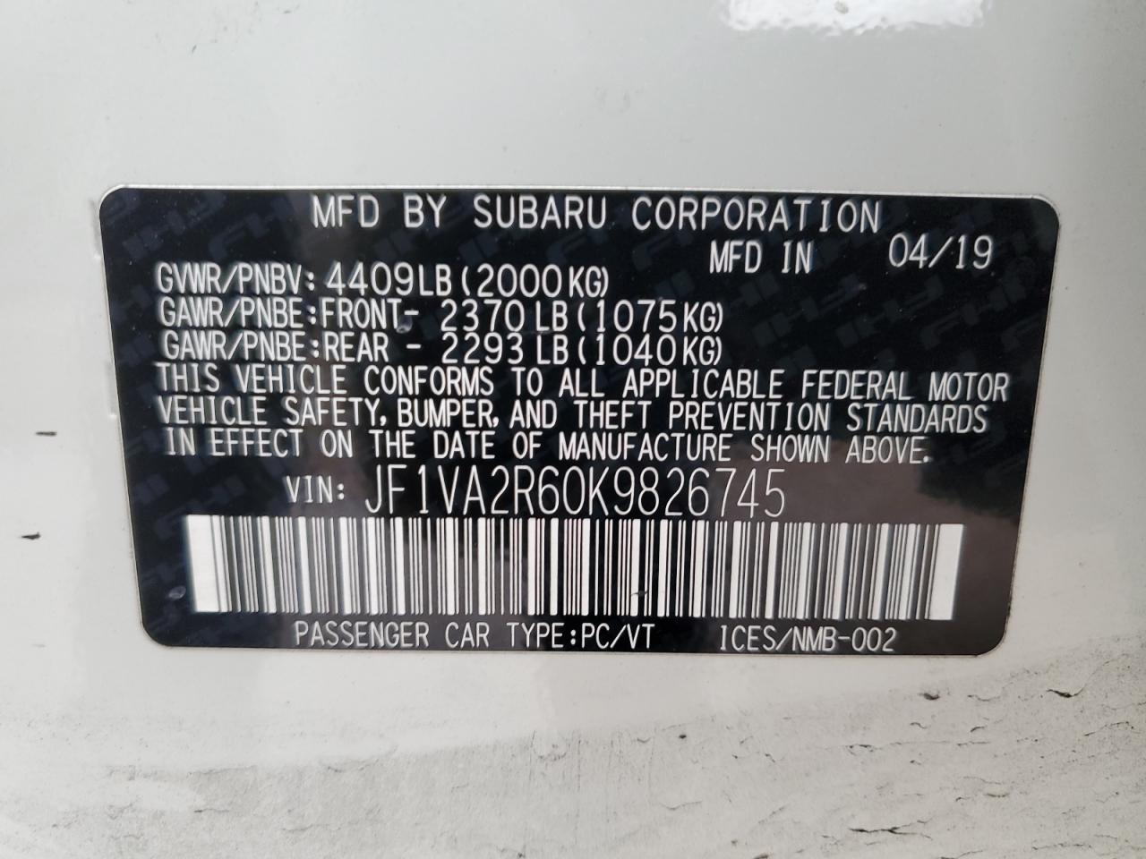 2019 Subaru Wrx Sti VIN: JF1VA2R60K9826745 Lot: 85482815