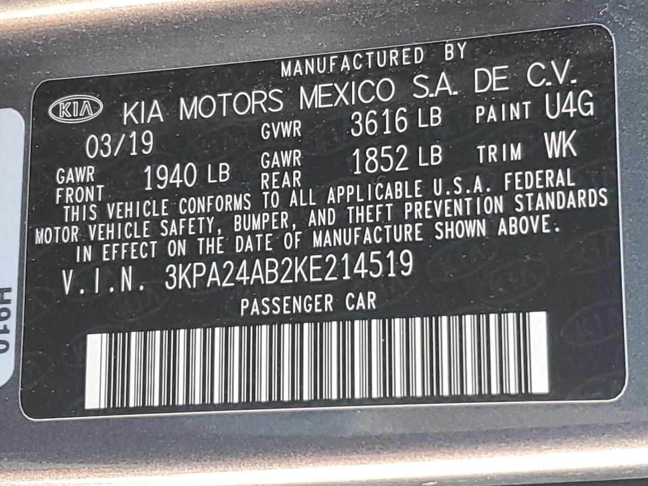 2019 Kia Rio S VIN: 3KPA24AB2KE214519 Lot: 87475805