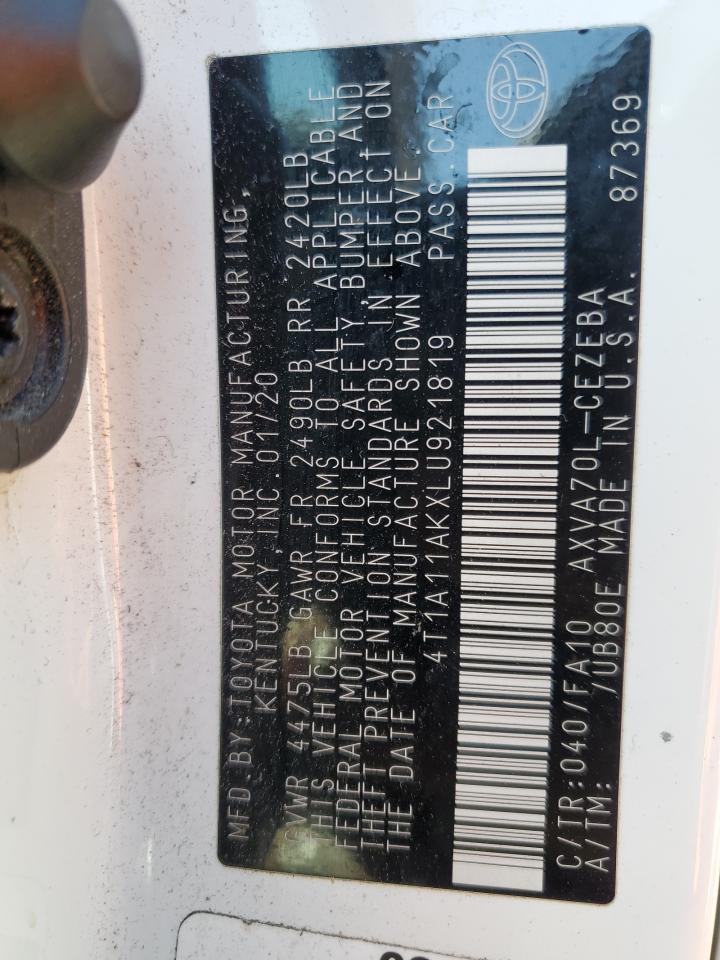 2020 Toyota Camry L VIN: 4T1A11AKXLU921819 Lot: 86229125