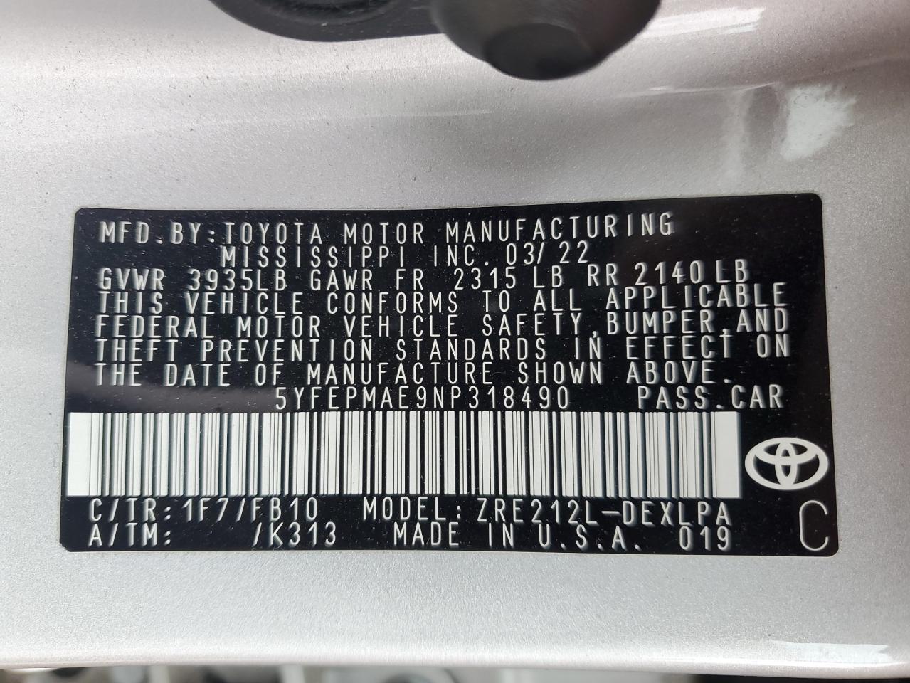 2022 Toyota Corolla Le VIN: 5YFEPMAE9NP318490 Lot: 85865975