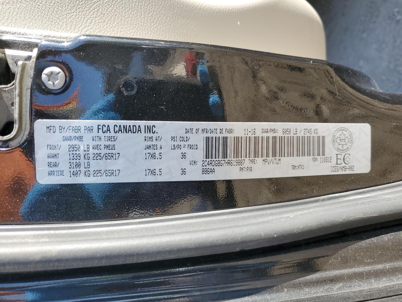 2017 Dodge Grand Caravan Se VIN: 2C4RDGBG7HR619887 Lot: 86154985