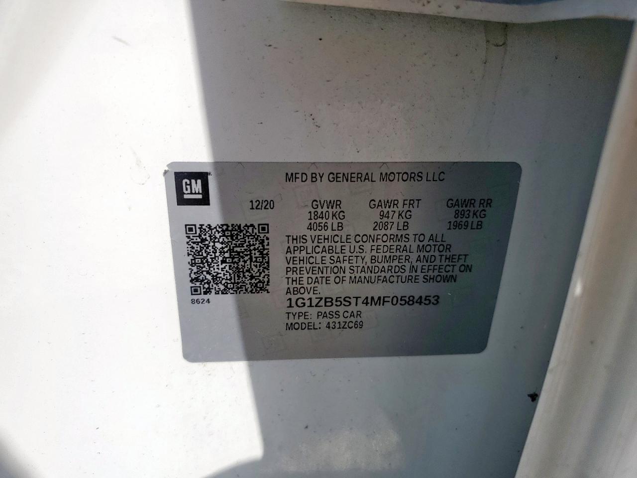 2021 Chevrolet Malibu Ls VIN: 1G1ZB5ST4MF058453 Lot: 85269035