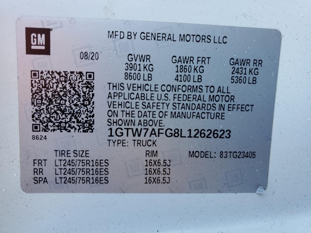 2020 GMC Savana Cargo 2500 13 VIN: 1GTW7AFG8L1262623 Lot: 85115525