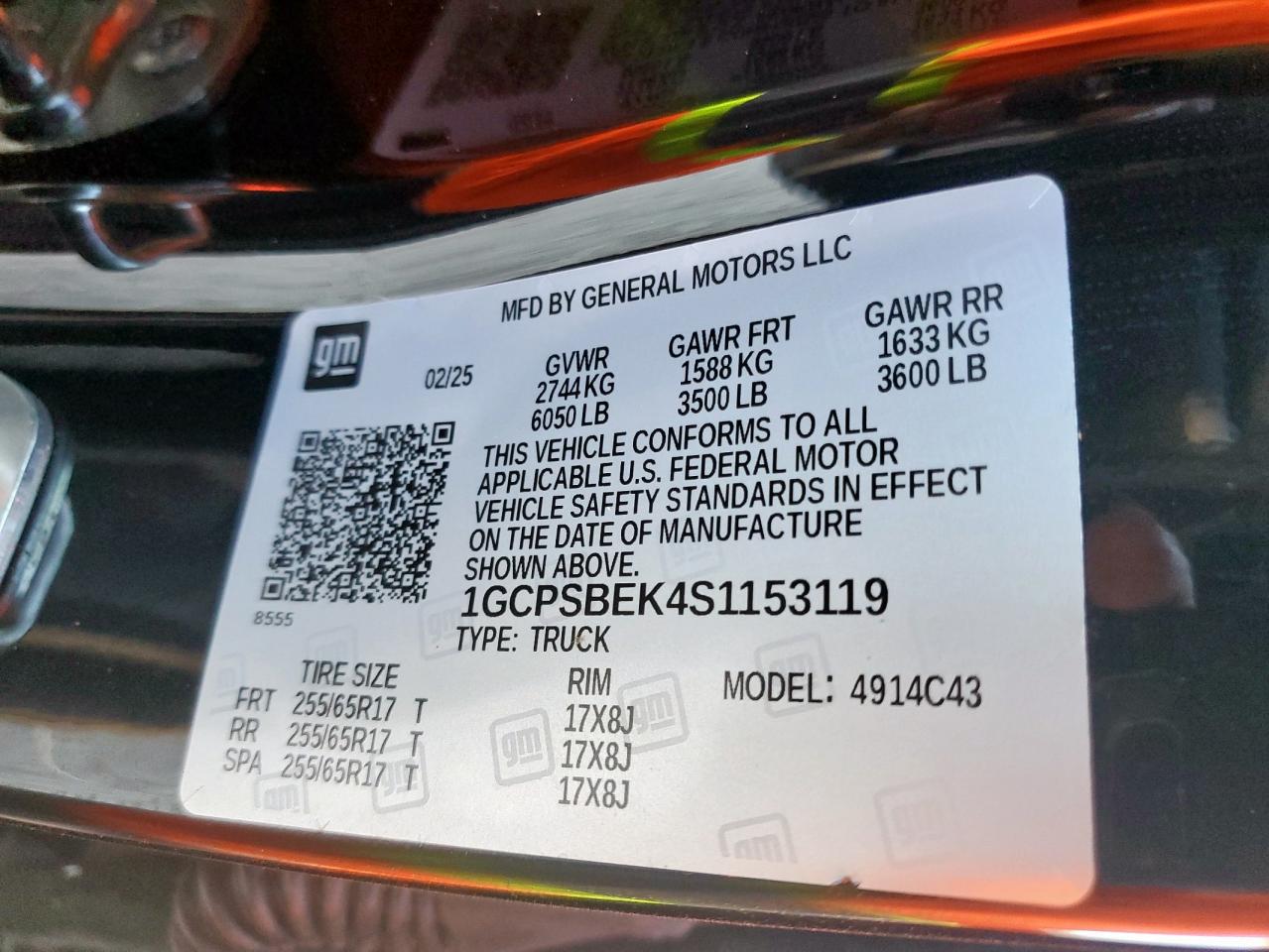 2025 Chevrolet Colorado VIN: 1GCPSBEK4S1153119 Lot: 90586265