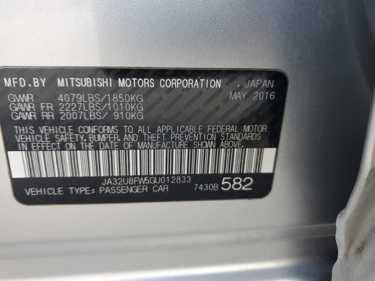 2016 Mitsubishi Lancer Gt VIN: JA32U8FW5GU012833 Lot: 87071825