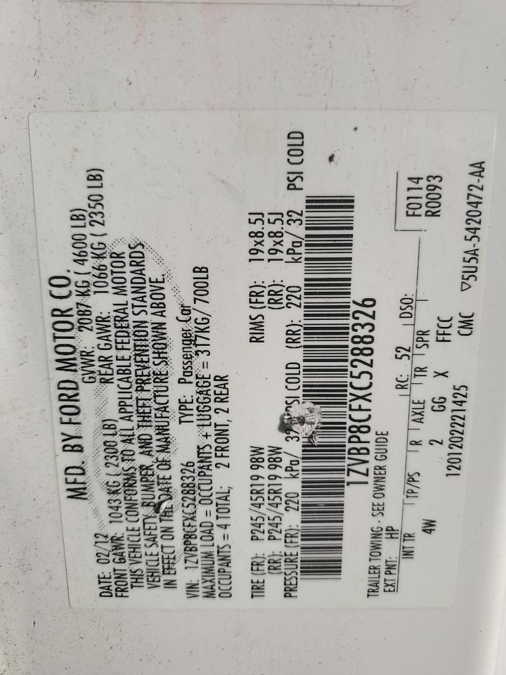 2012 Ford Mustang Gt VIN: 1ZVBP8CFXC5288326 Lot: 84399925