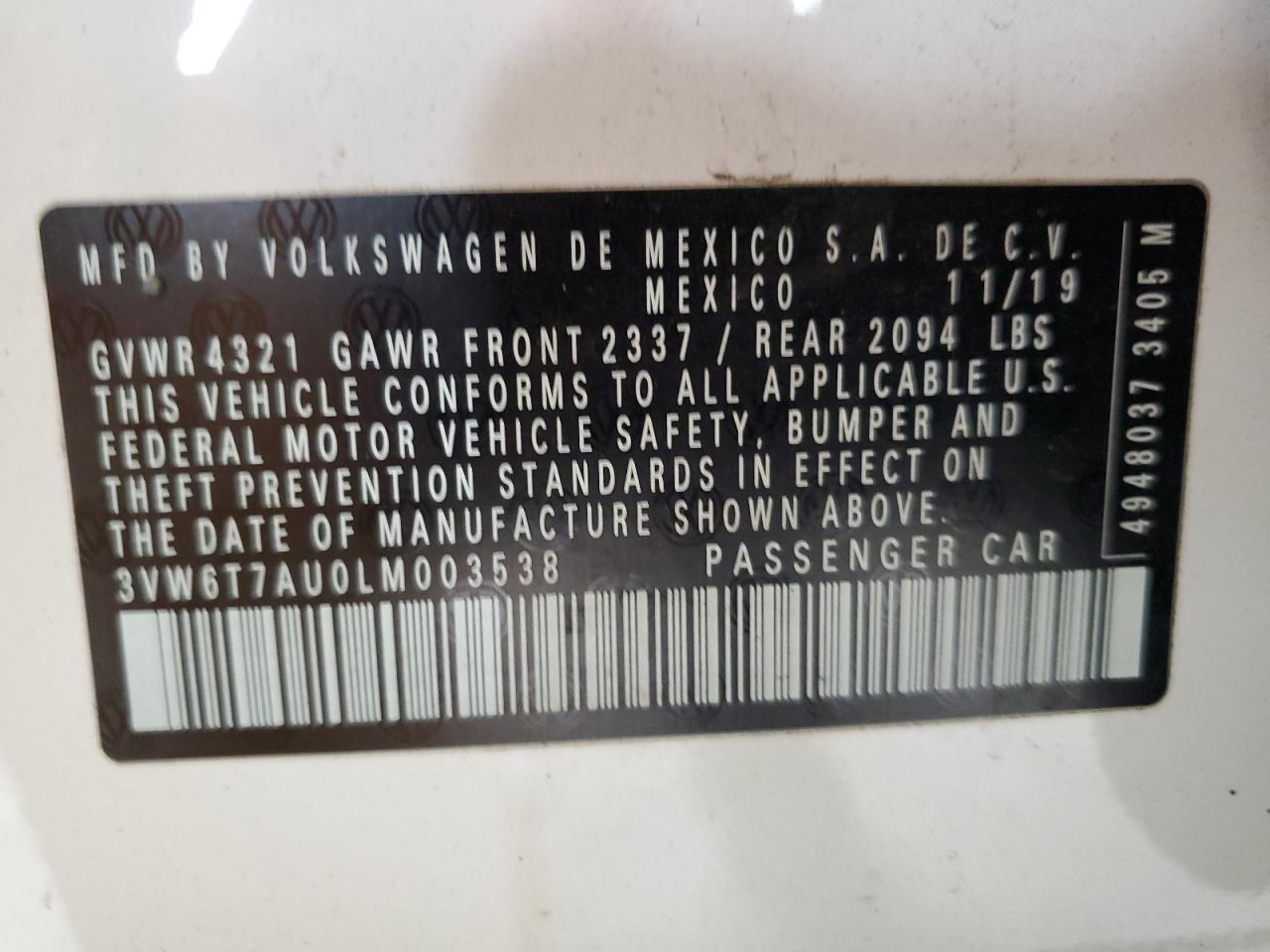 2020 Volkswagen Gti S VIN: 3VW6T7AU0LM003538 Lot: 85578065