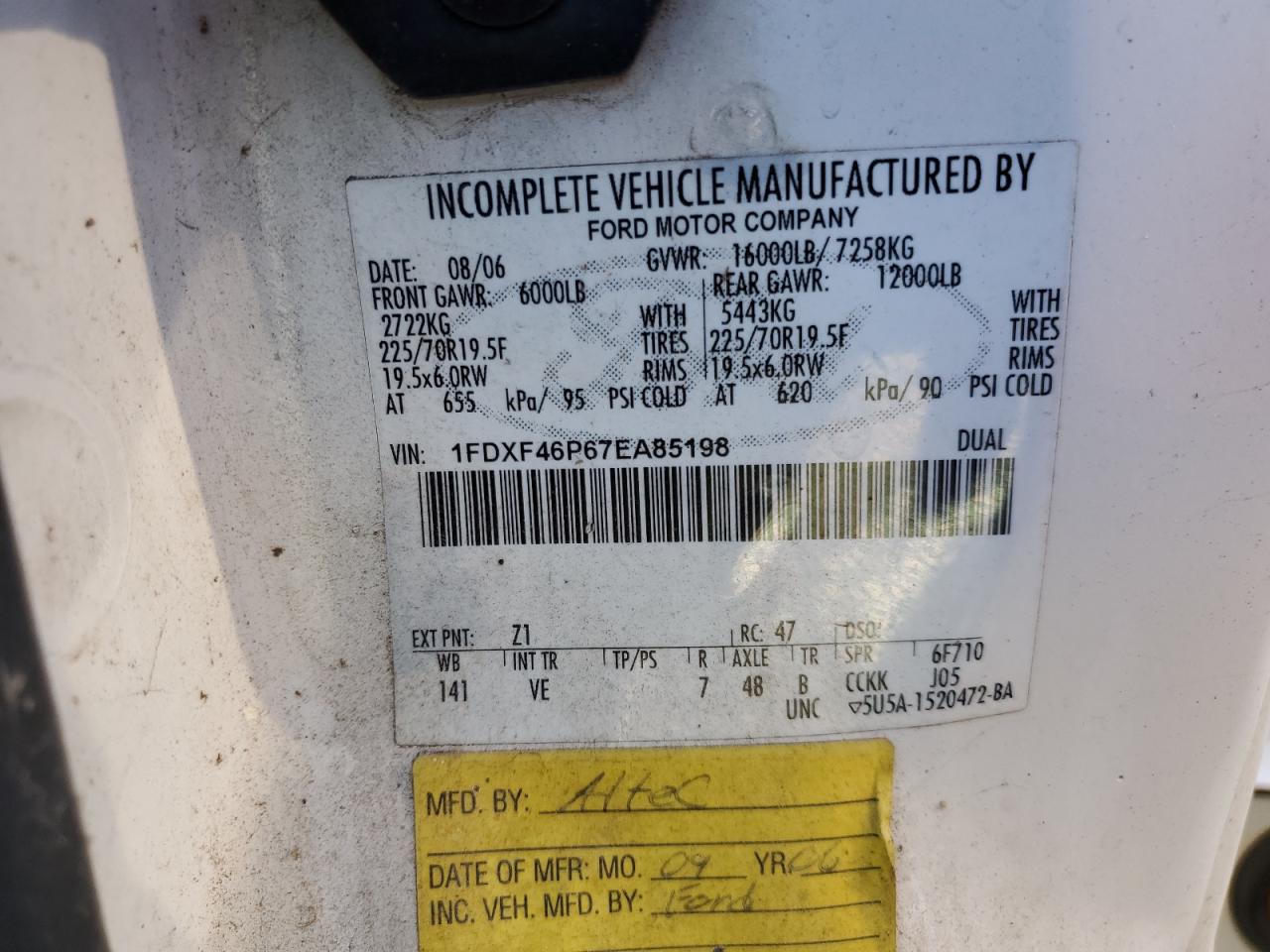 2007 Ford F450 Super Duty VIN: 1FDXF46P67EA85198 Lot: 81564445