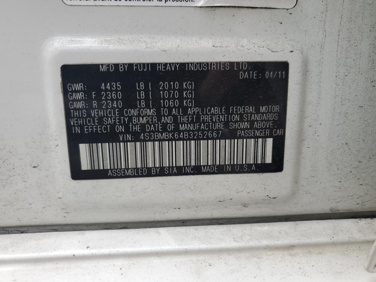 2011 Subaru Legacy 2.5I Limited VIN: 4S3BMBK64B3252667 Lot: 86490425