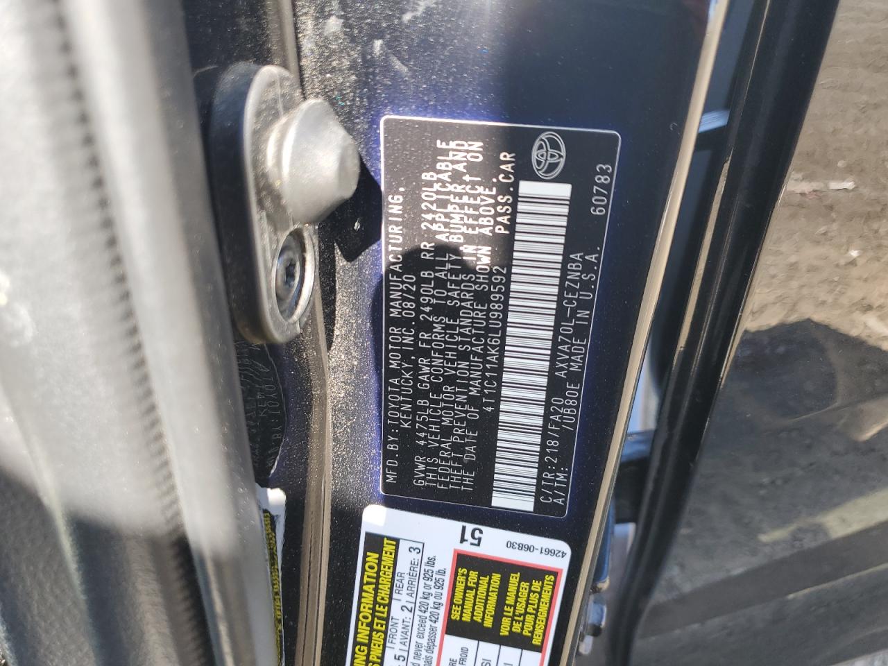 2020 Toyota Camry Le VIN: 4T1C11AK6LU989592 Lot: 86095715