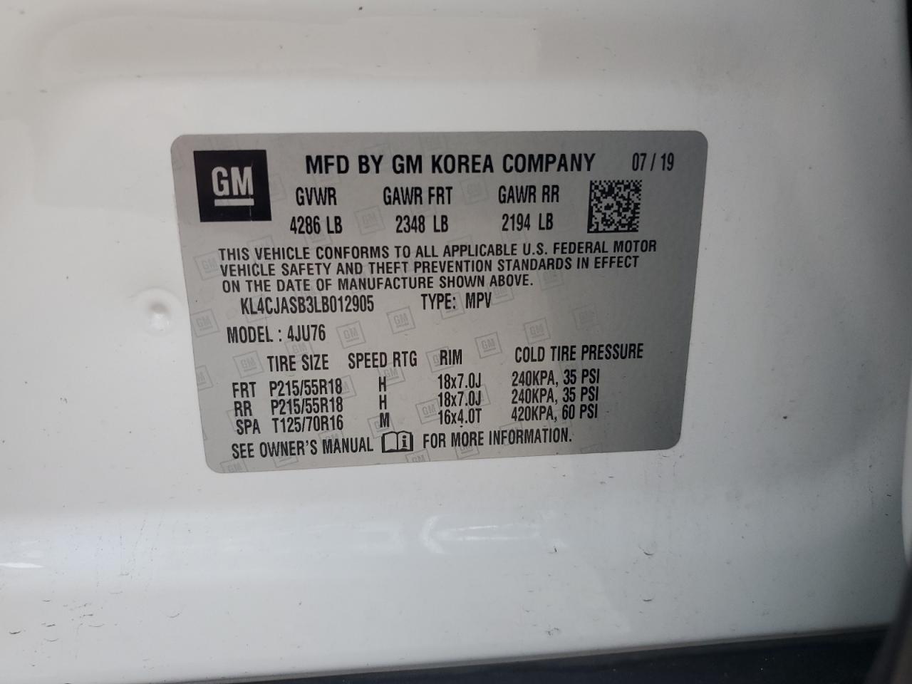 2020 Buick Encore Preferred VIN: KL4CJASB3LB012905 Lot: 90317475