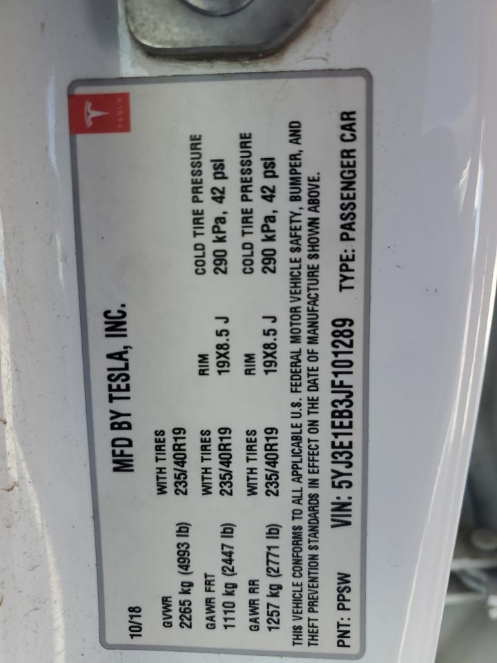 2018 Tesla Model 3 VIN: 5YJ3E1EB3JF101289 Lot: 82438265