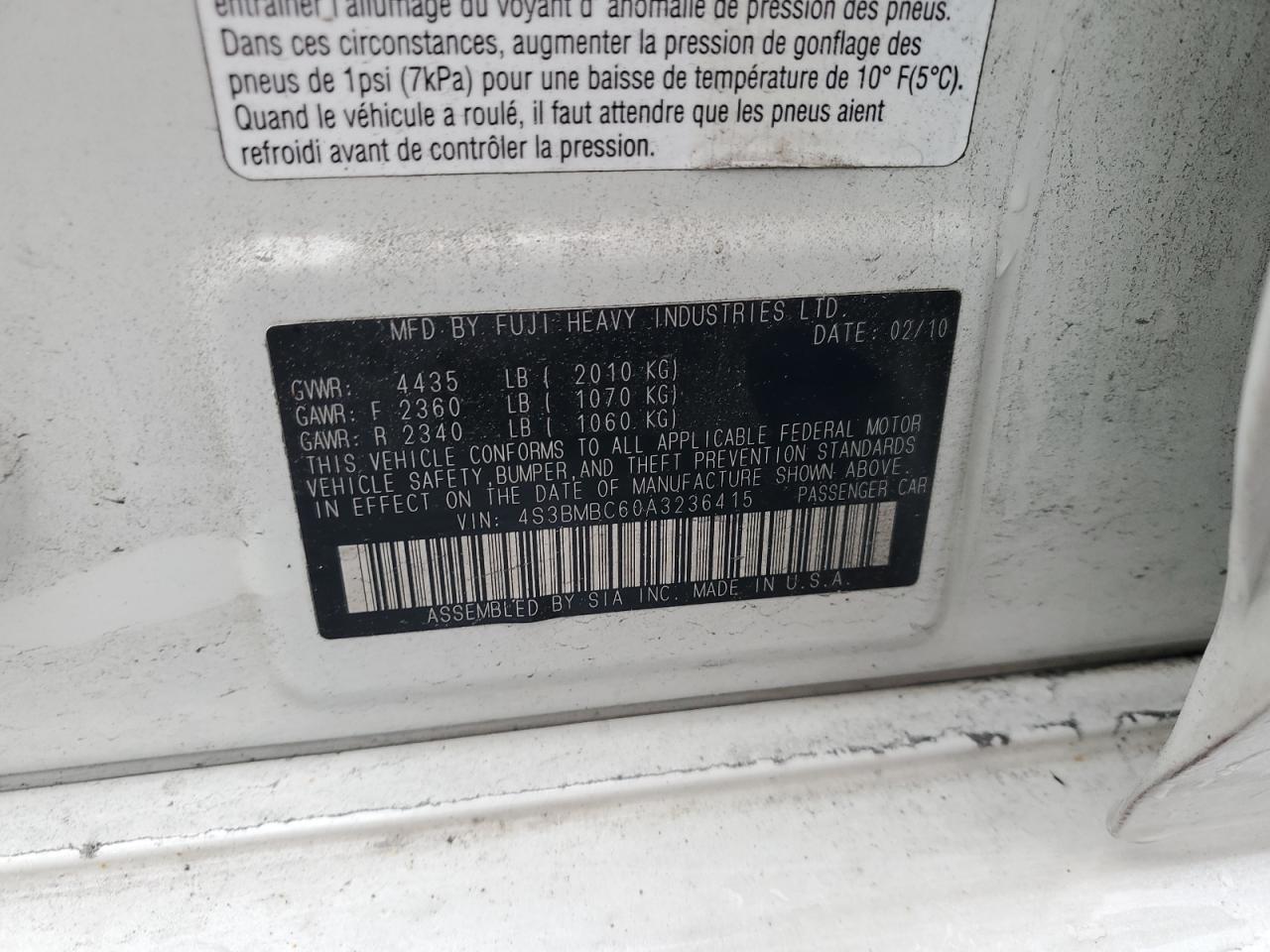 2010 Subaru Legacy 2.5I Premium VIN: 4S3BMBC60A3236415 Lot: 85858675