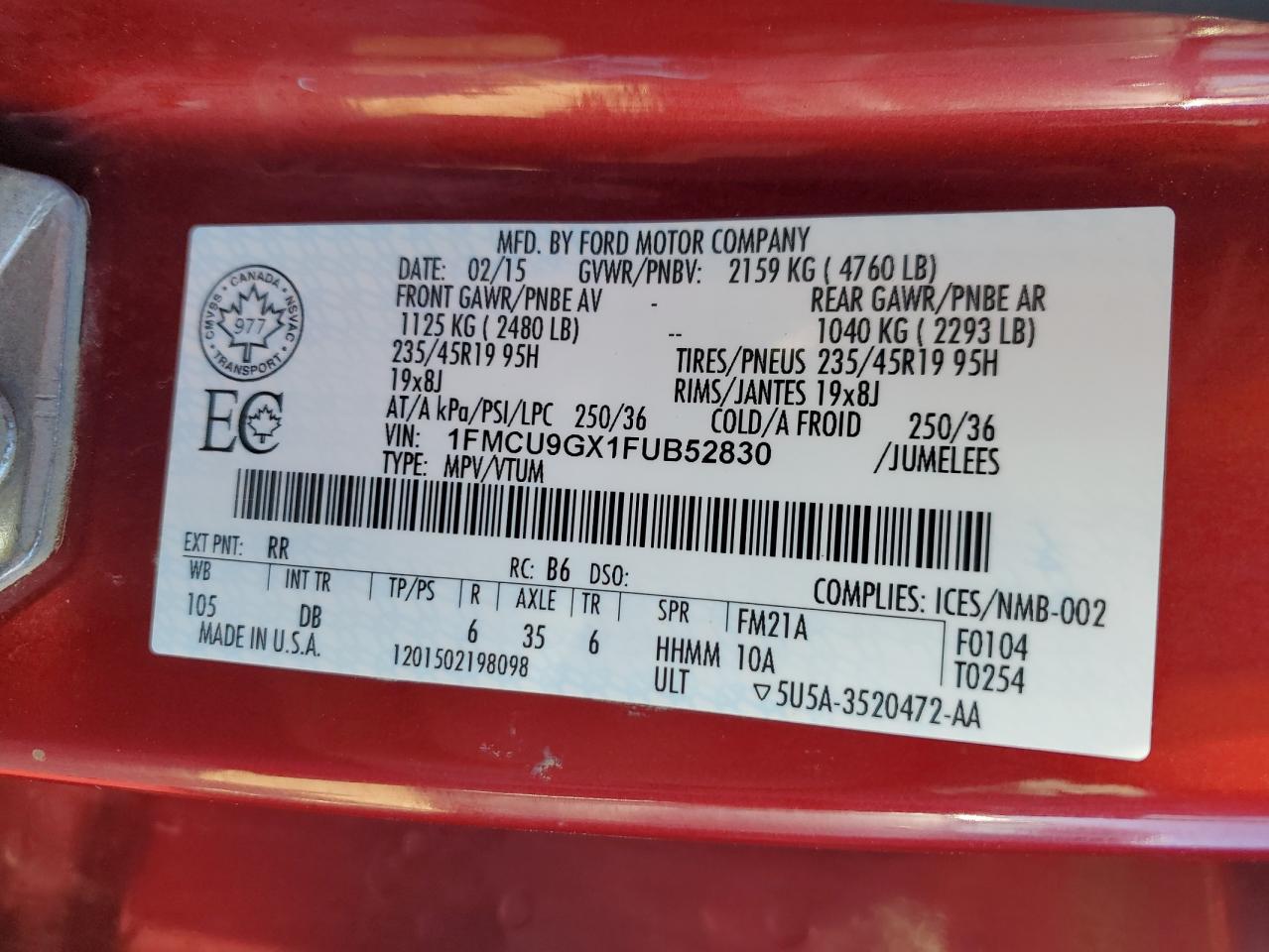 2015 Ford Escape Se VIN: 1FMCU9GX1FUB52830 Lot: 85177765