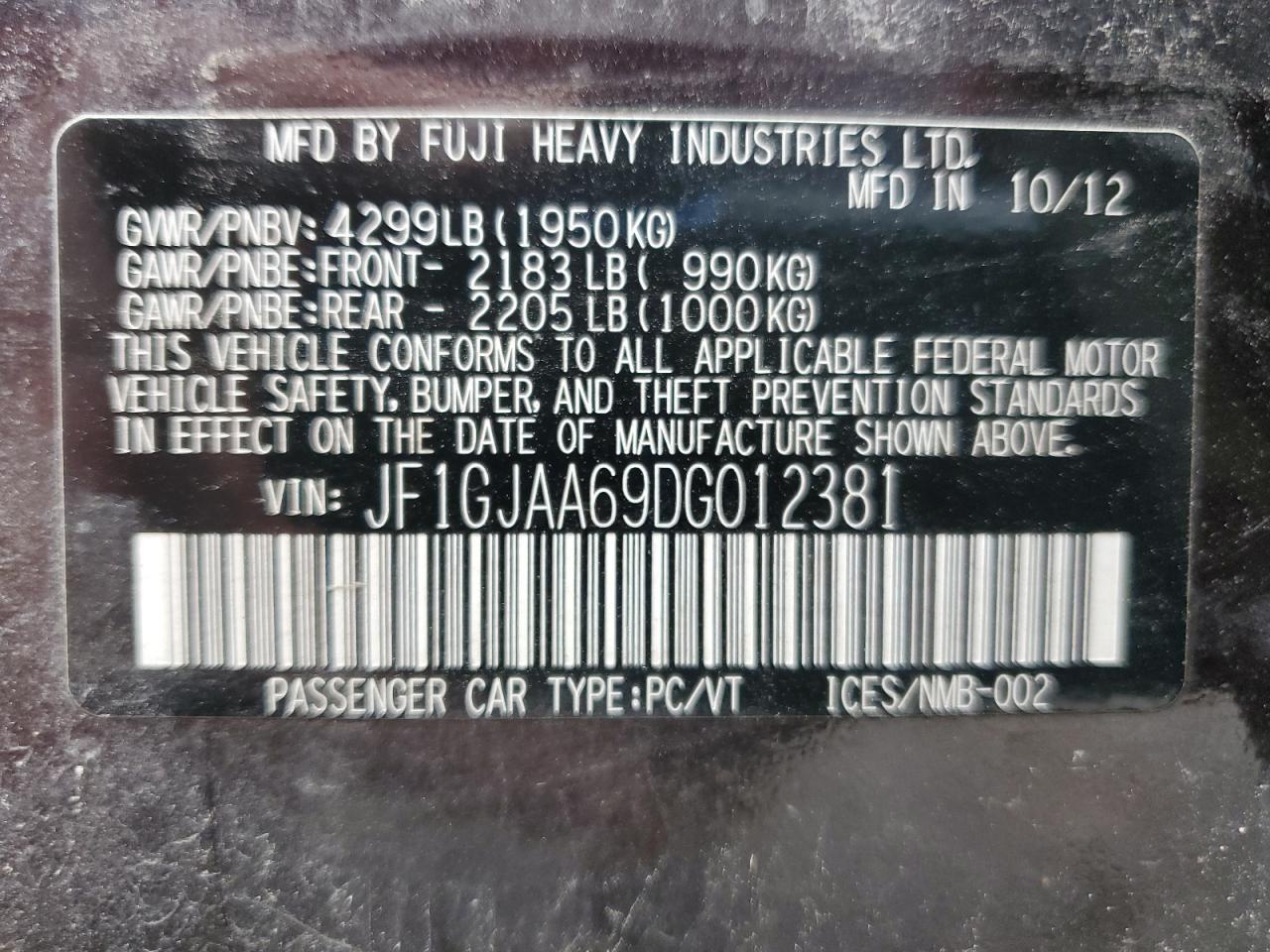 2013 Subaru Impreza VIN: JF1GJAA69DG012381 Lot: 86122045