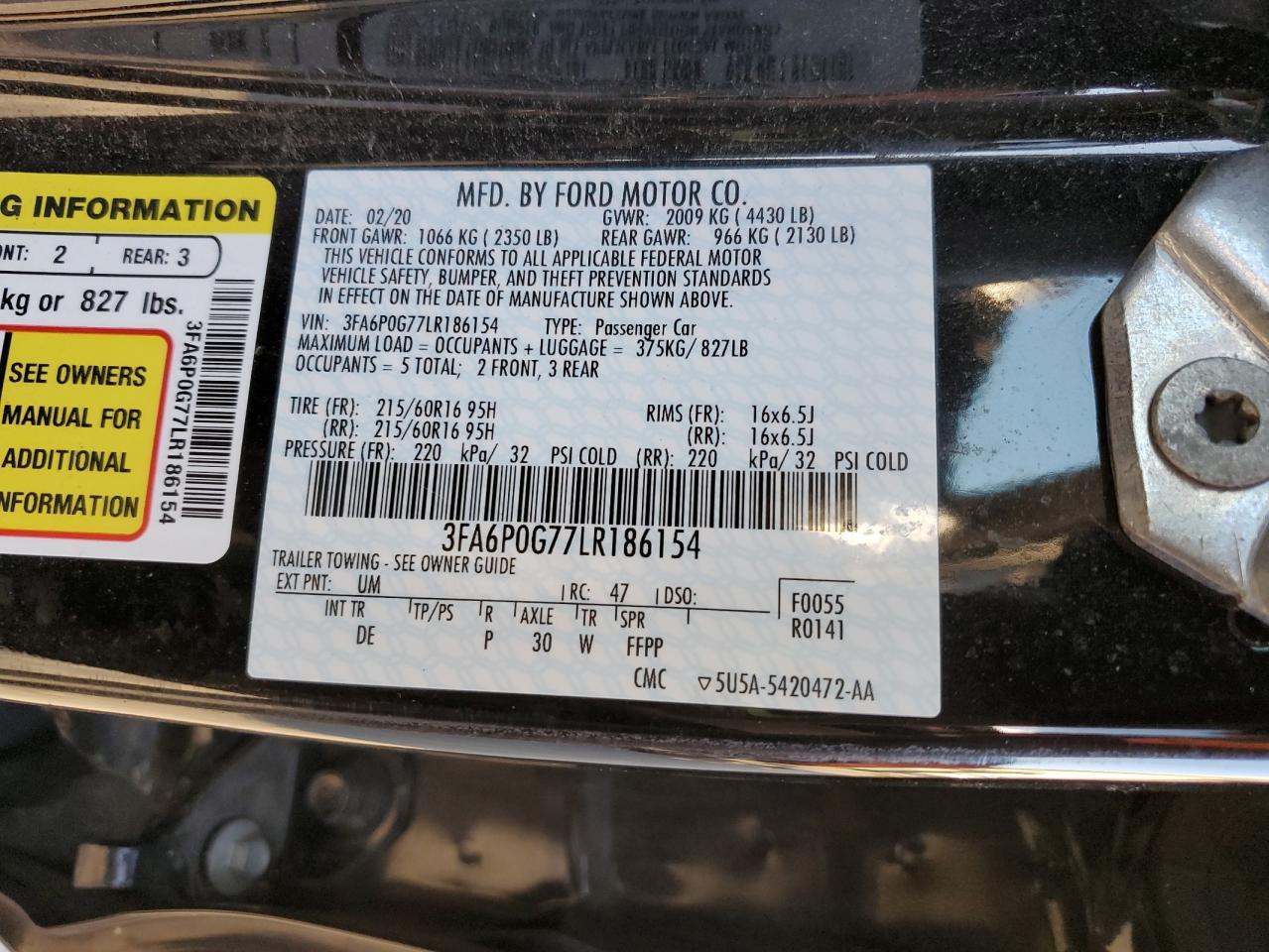 2020 Ford Fusion S VIN: 3FA6P0G77LR186154 Lot: 86254235
