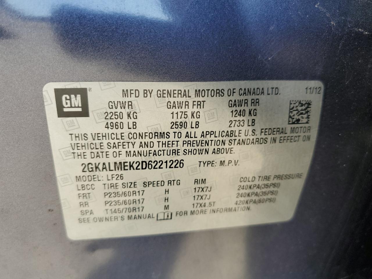 2013 GMC Terrain Sle VIN: 2GKALMEK2D6221226 Lot: 82718585