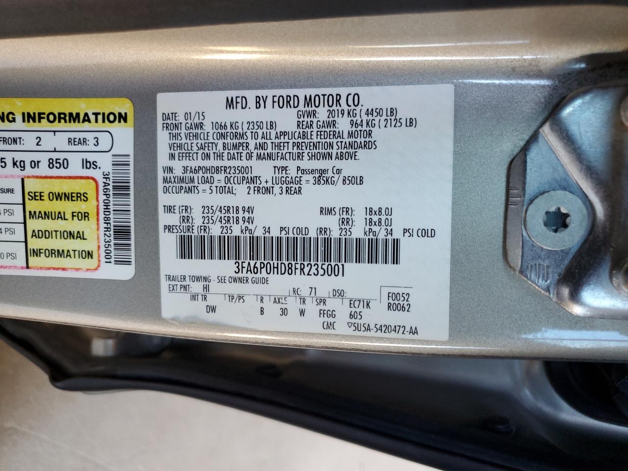 2015 Ford Fusion Se VIN: 3FA6P0HD8FR235001 Lot: 85888745