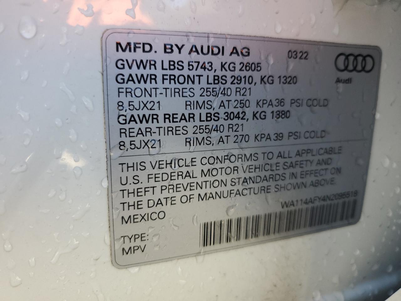 2022 Audi Sq5 Sportback Premium VIN: WA114AFY4N2095518 Lot: 87427025