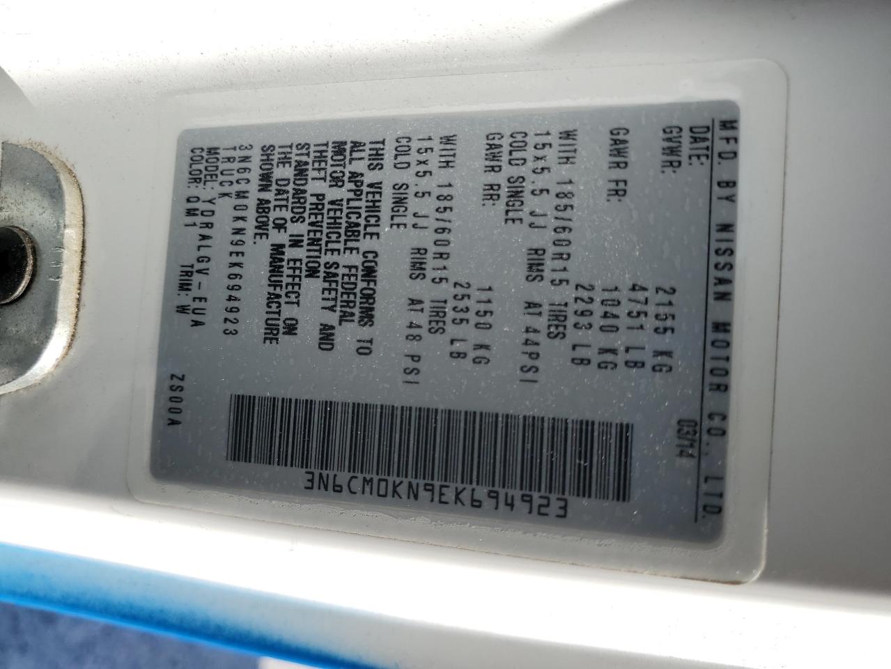 2014 Nissan Nv200 2.5S VIN: 3N6CM0KN9EK694923 Lot: 81488465