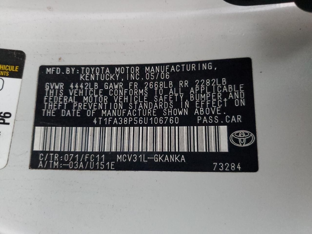 2006 Toyota Camry Solara Se VIN: 4T1FA38P56U106760 Lot: 82291625