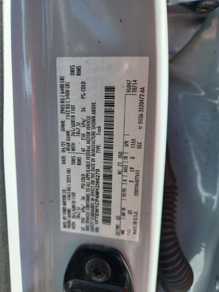 2021 Ford F150 Supercrew VIN: 1FTEW1CP4MKD96270 Lot: 86972795