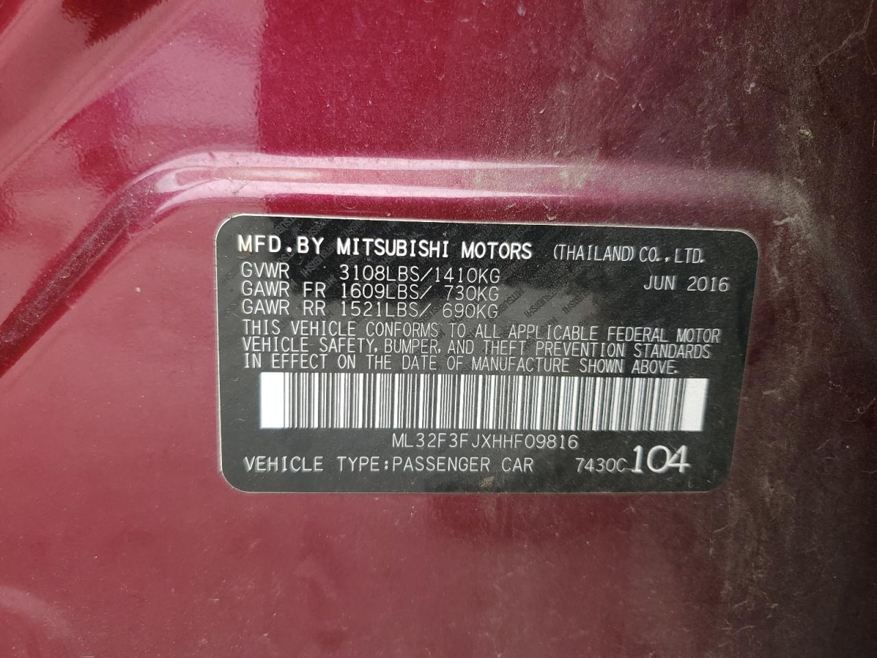 2017 Mitsubishi Mirage G4 Es VIN: ML32F3FJXHHF09816 Lot: 86163125