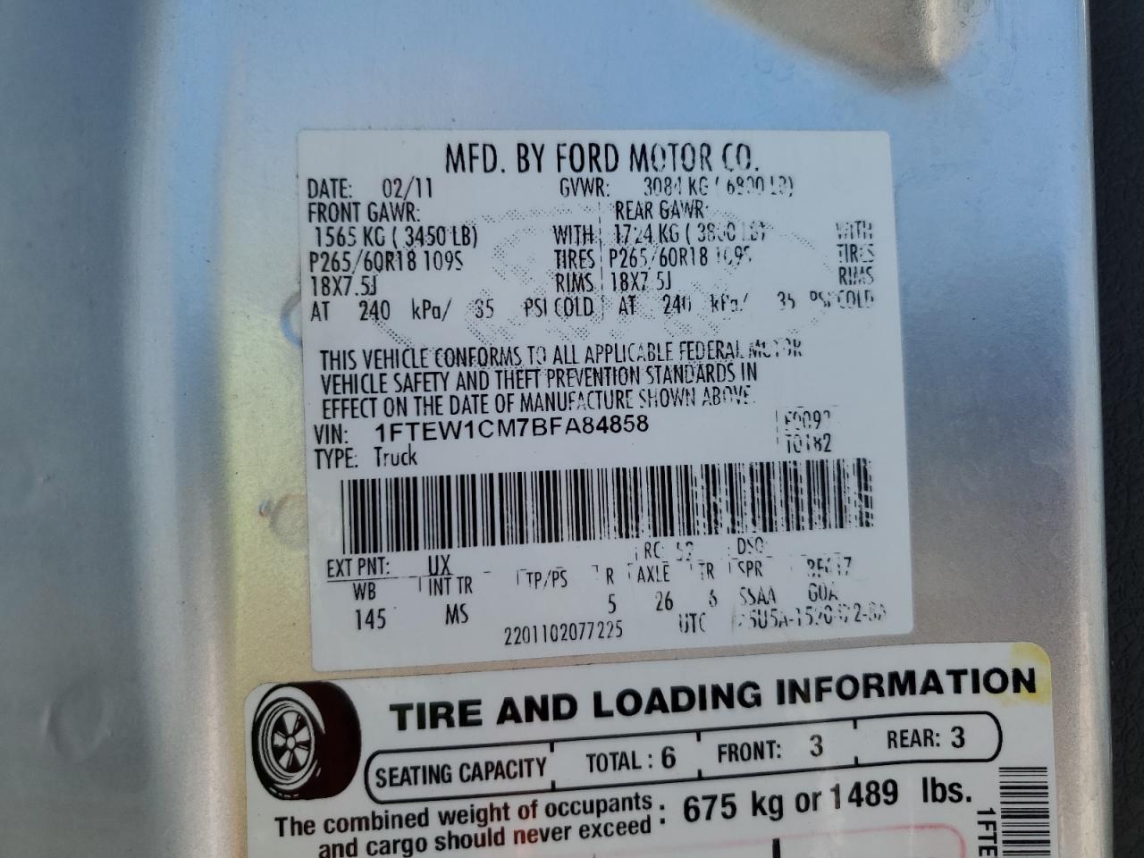 2011 Ford F150 Supercrew VIN: 1FTEW1CM7BFA84858 Lot: 89559635