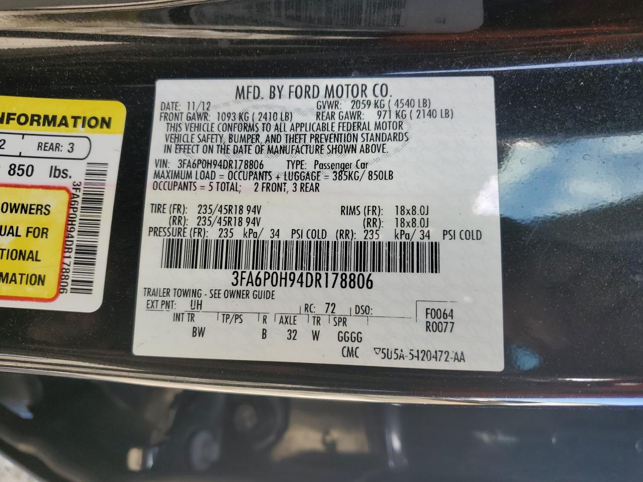 2013 Ford Fusion Se VIN: 3FA6P0H94DR178806 Lot: 81938165