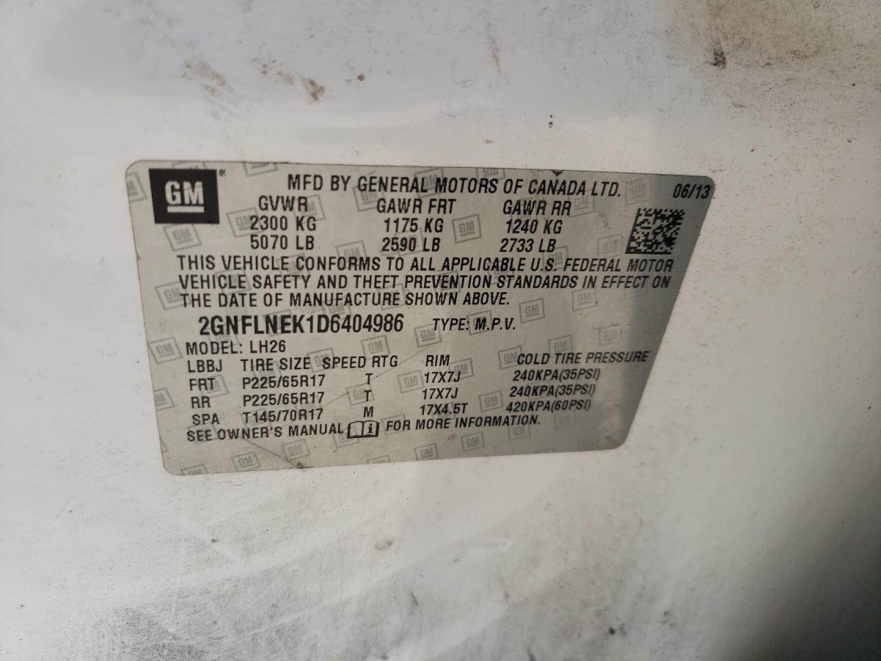 2013 Chevrolet Equinox Lt VIN: 2GNFLNEK1D6404986 Lot: 81649755