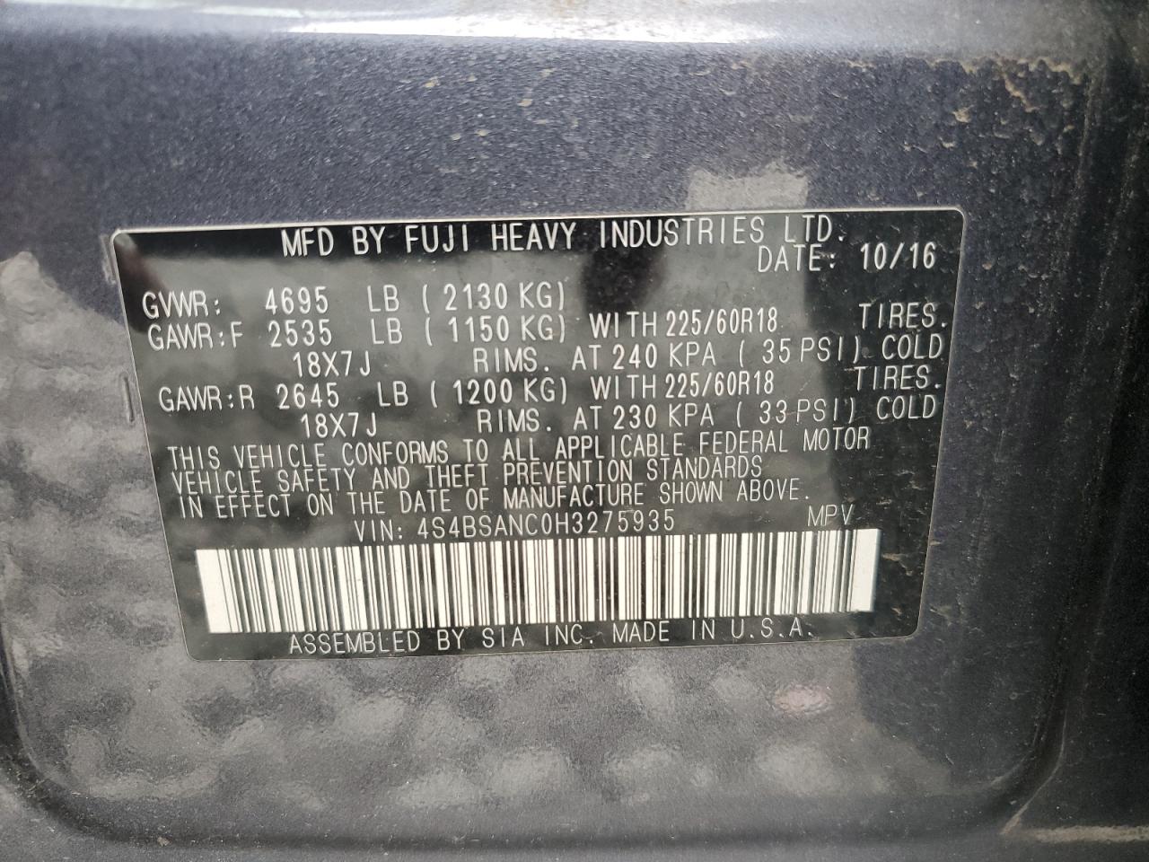 2017 Subaru Outback 2.5I Limited VIN: 4S4BSANC0H3275935 Lot: 85542835