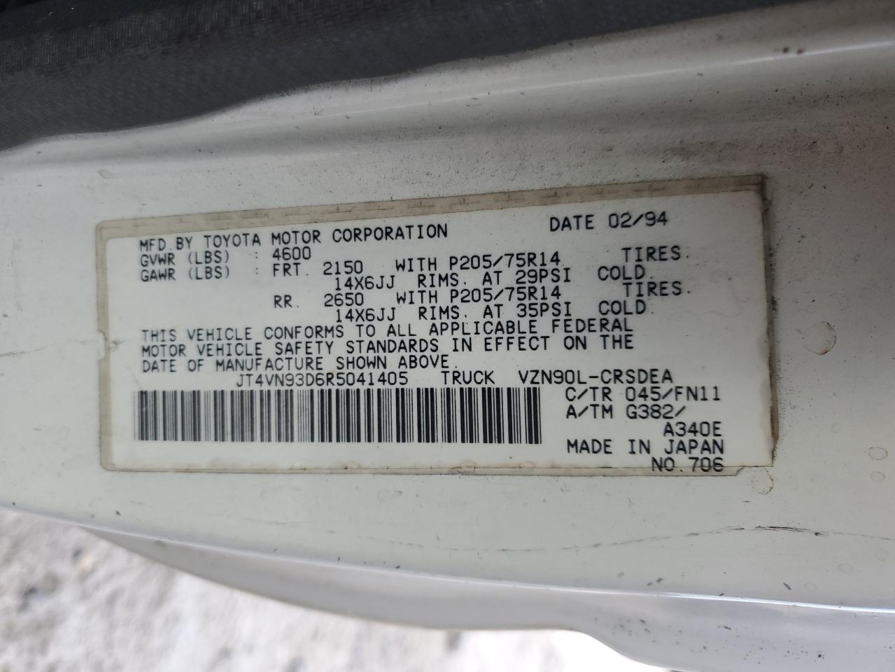 1994 Toyota Pickup 1/2 Ton Extra Long Wheelbase VIN: JT4VN93D6R5041405 Lot: 81982445