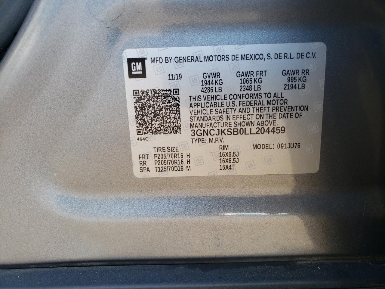 2020 Chevrolet Trax Ls VIN: 3GNCJKSB0LL204459 Lot: 90050635