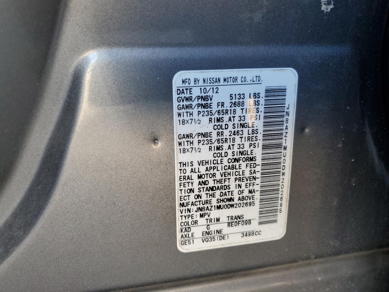 2013 Nissan Murano S VIN: JN8AZ1MU0DW202695 Lot: 85917205