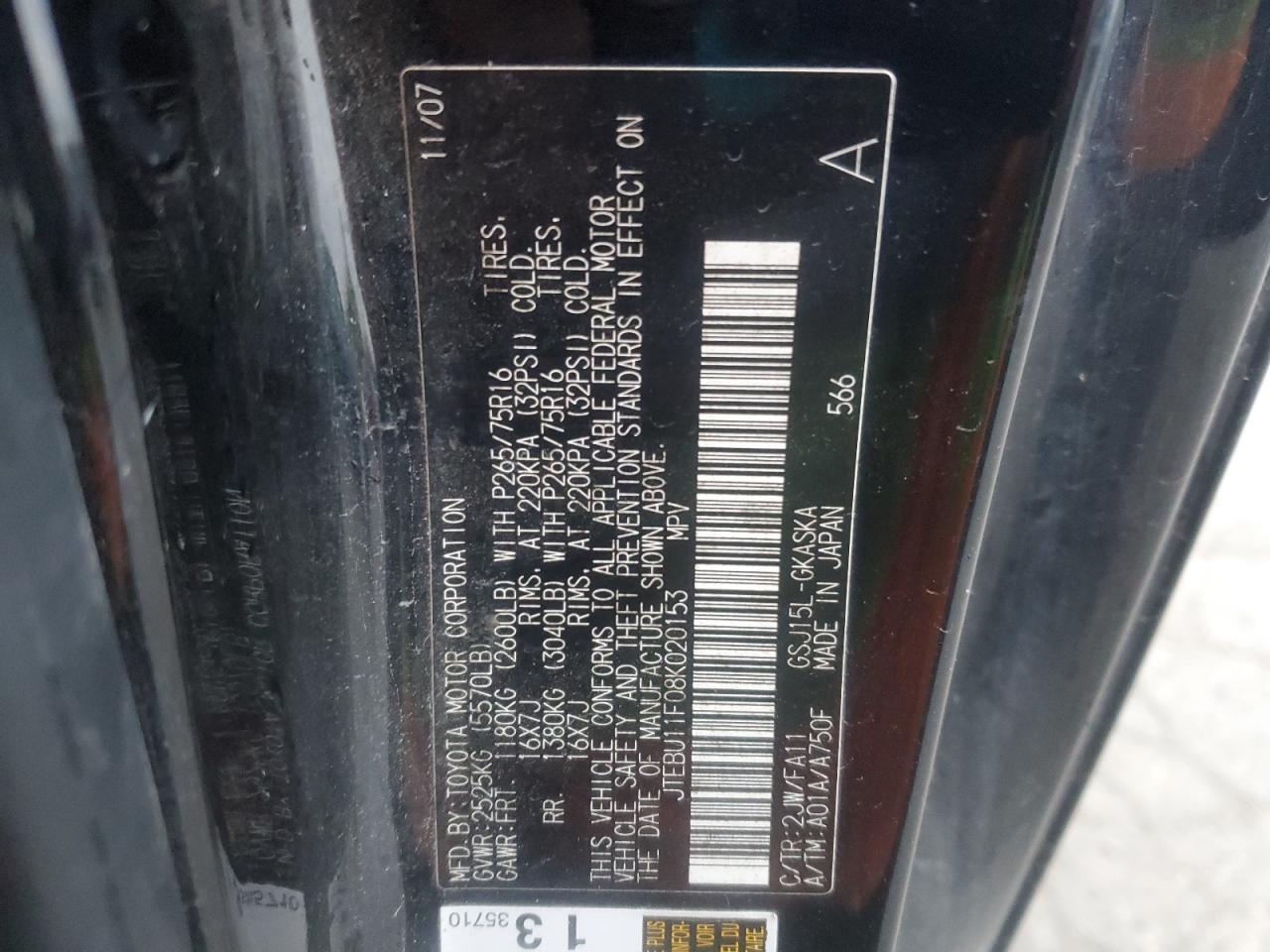 2008 Toyota Fj Cruiser VIN: JTEBU11F08K020153 Lot: 90373715