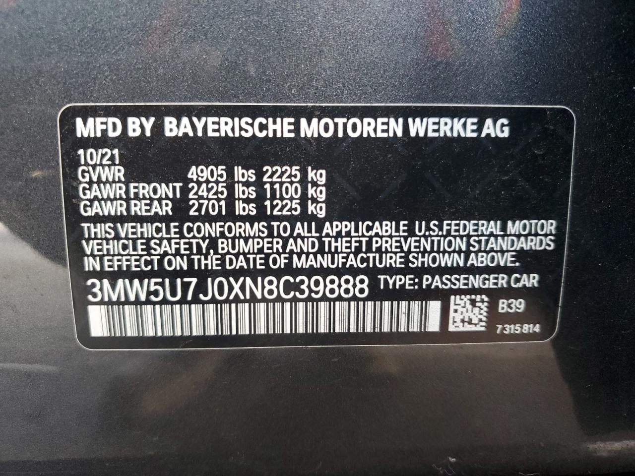 2022 BMW M340I VIN: 3MW5U7J0XN8C39888 Lot: 82389045