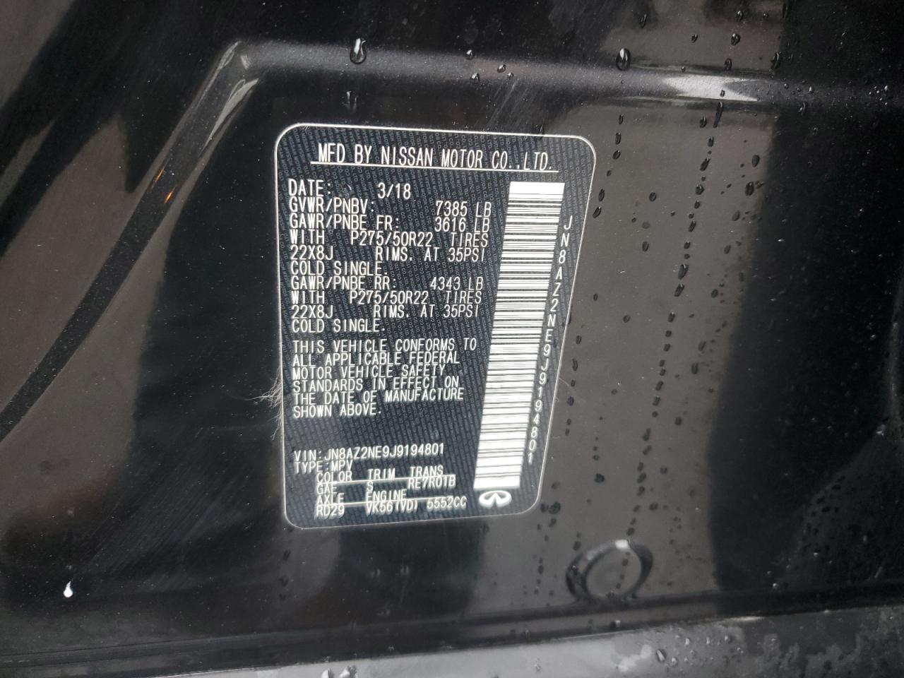 2018 Infiniti Qx80 Base VIN: JN8AZ2NE9J9194801 Lot: 85601725