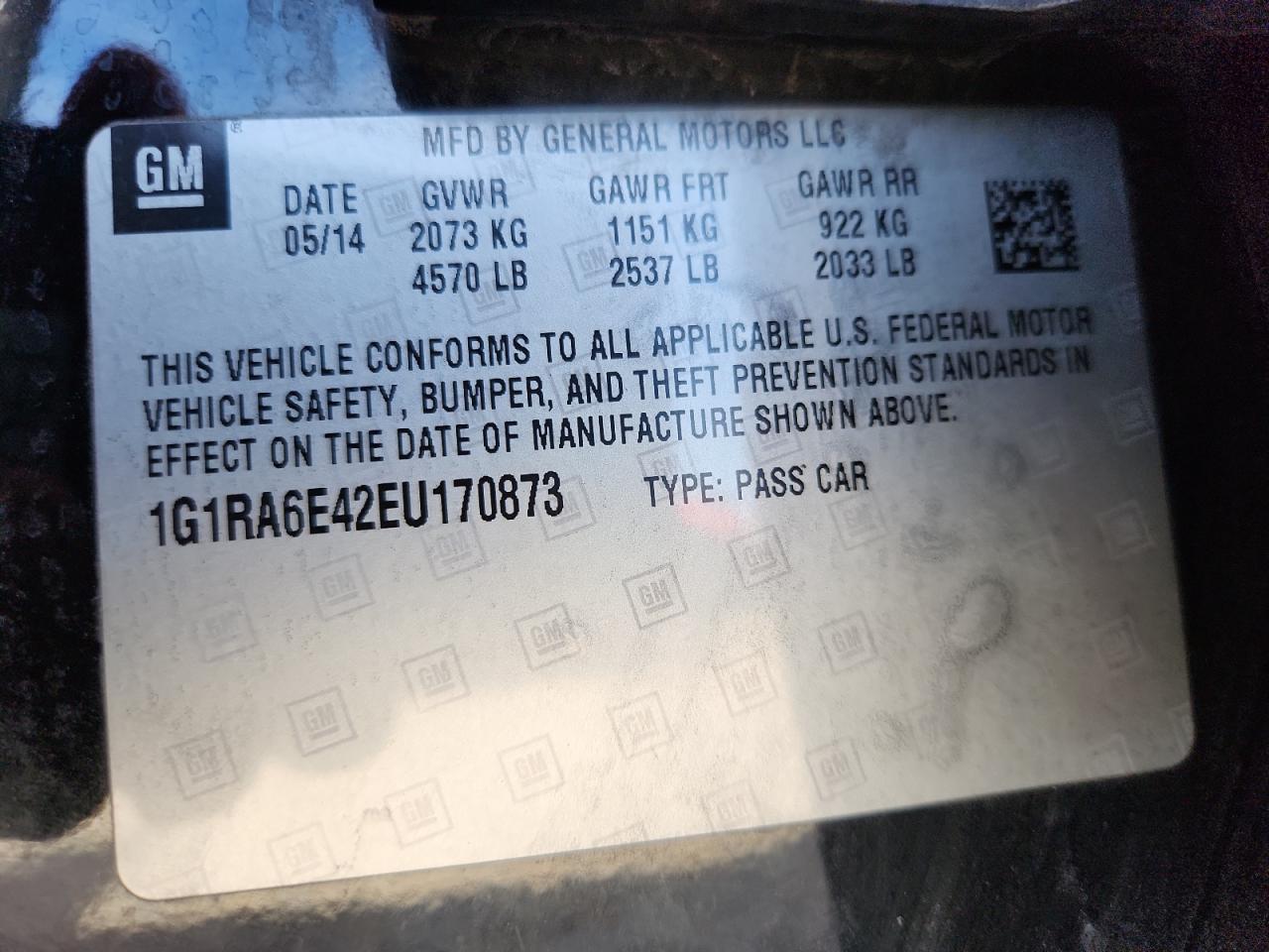 2014 Chevrolet Volt VIN: 1G1RA6E42EU170873 Lot: 86125615