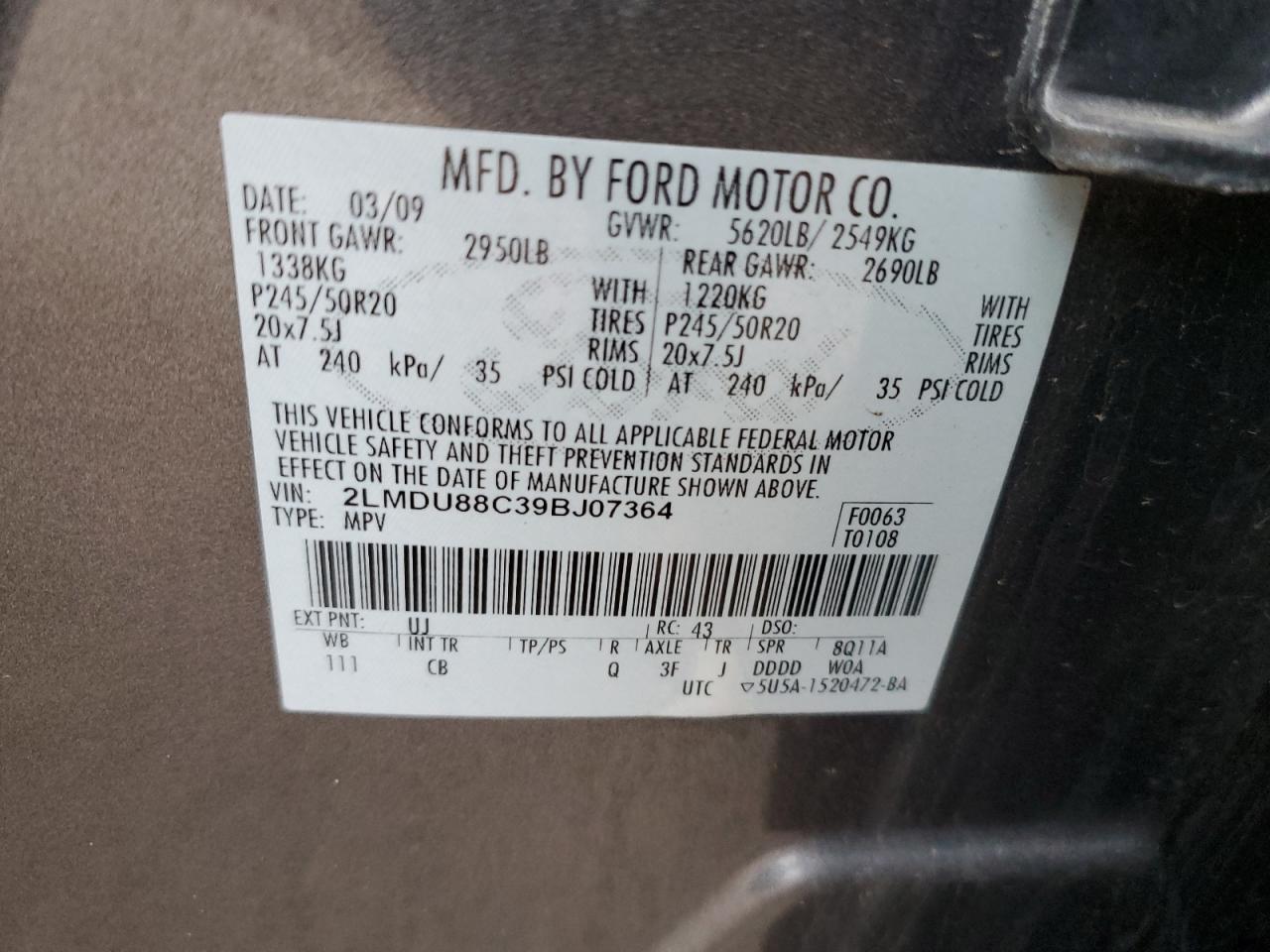 2009 Lincoln Mkx VIN: 2LMDU88C39BJ07364 Lot: 90486885