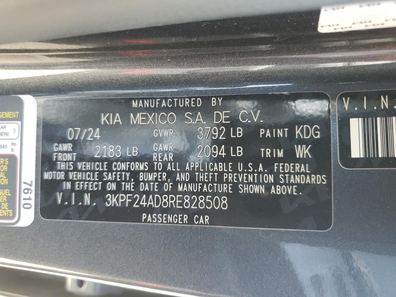 2024 Kia Forte Lx VIN: 3KPF24AD8RE828508 Lot: 87437065