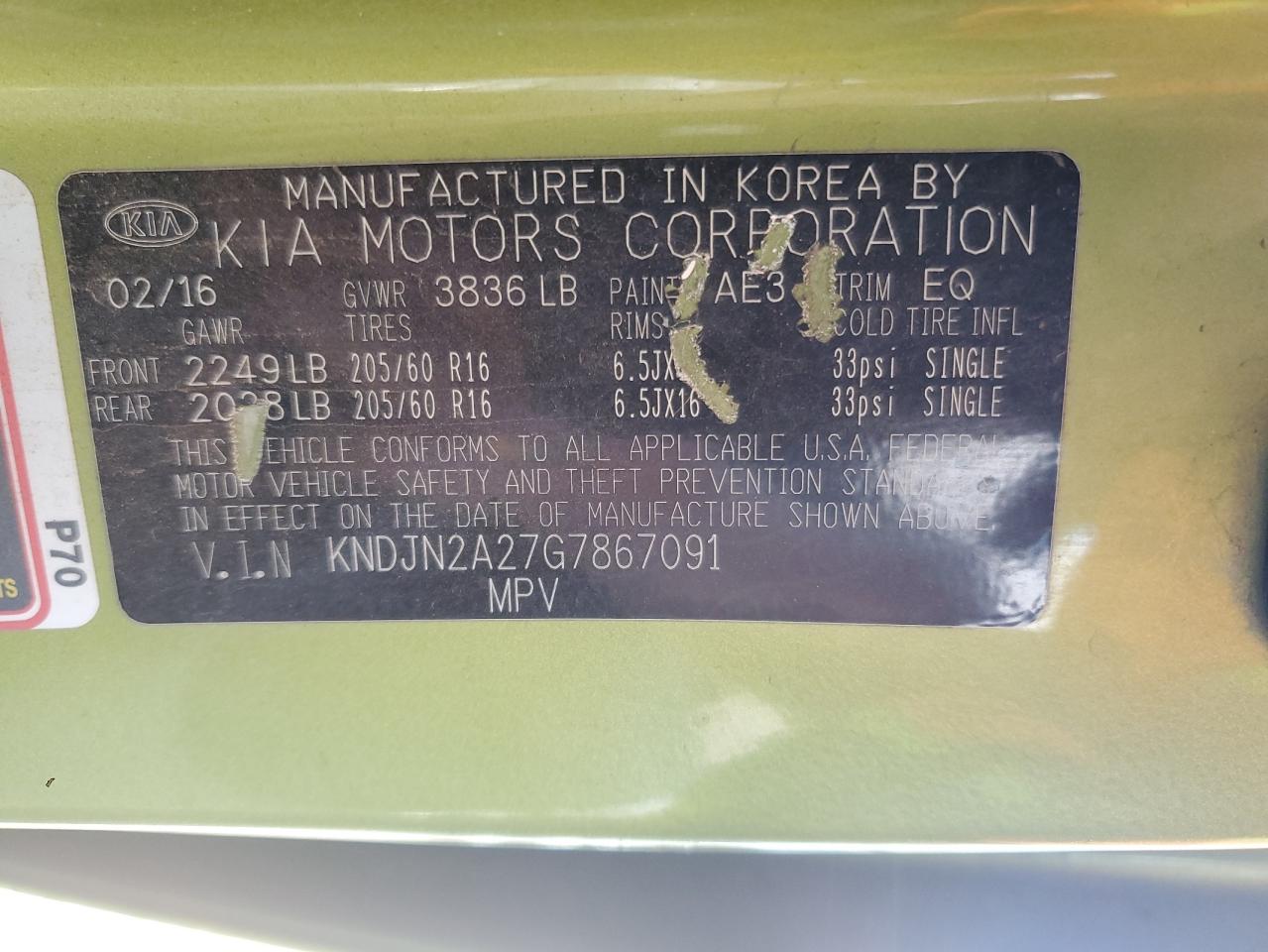 2016 Kia Soul VIN: KNDJN2A27G7867091 Lot: 84807605