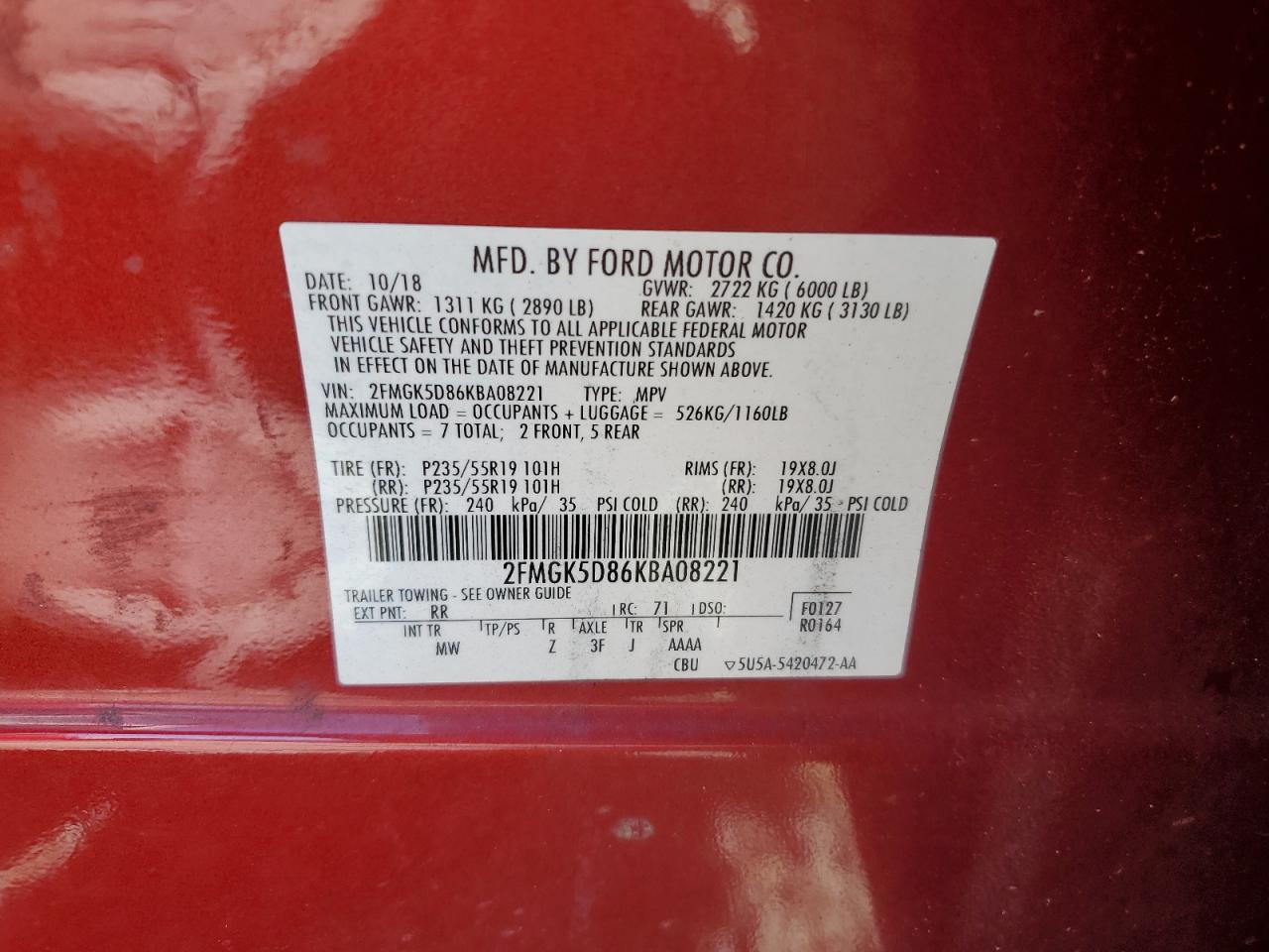 2019 Ford Flex Limited VIN: 2FMGK5D86KBA08221 Lot: 85201795