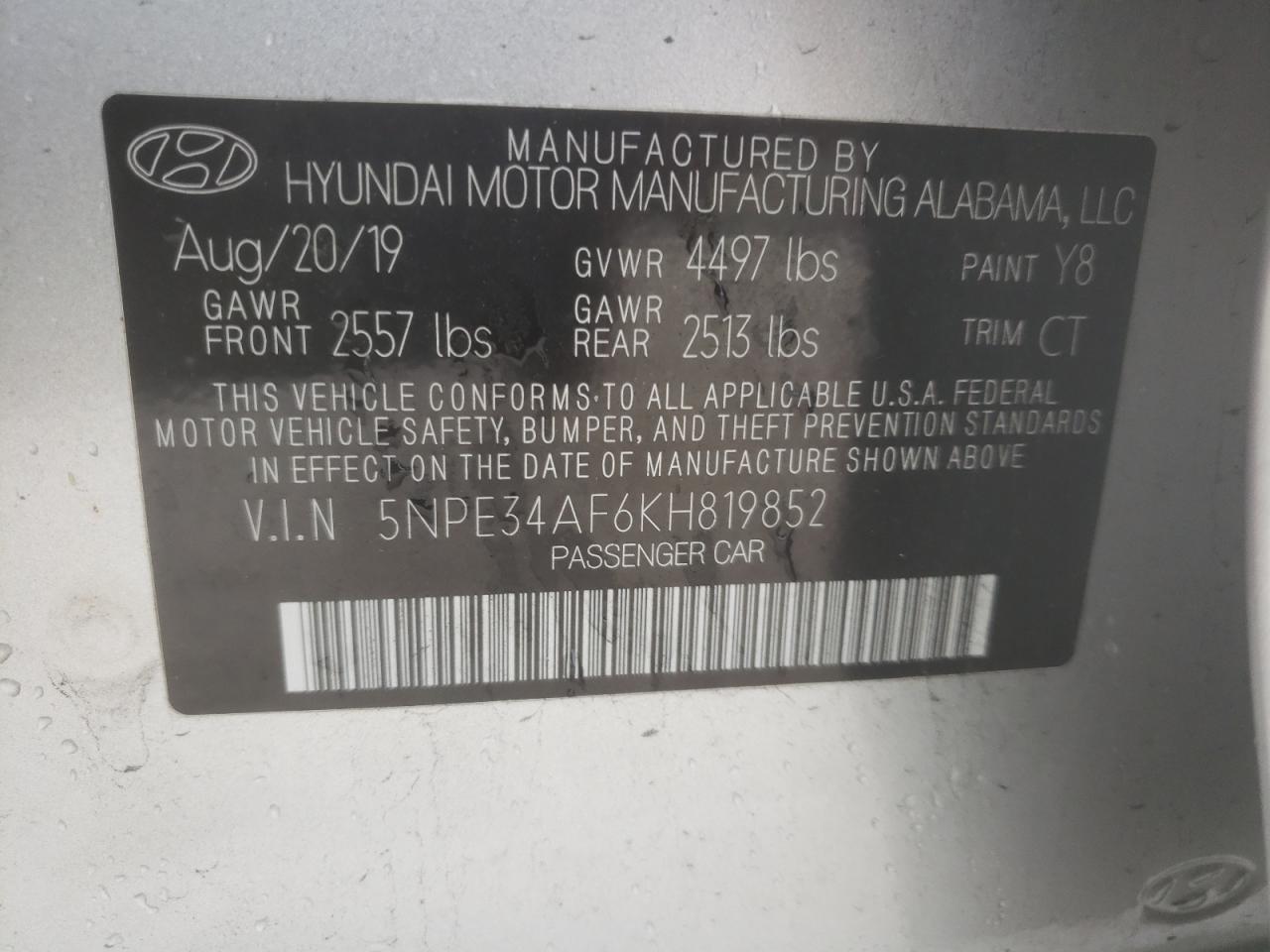 2019 Hyundai Sonata Limited VIN: 5NPE34AF6KH819852 Lot: 82411895