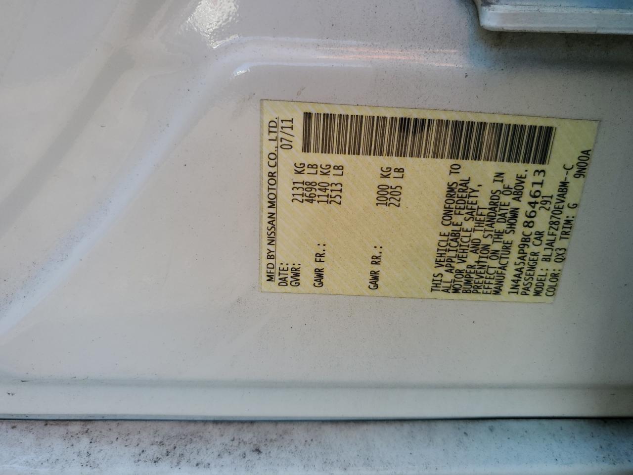 2011 Nissan Maxima S VIN: 1N4AA5AP9BC864613 Lot: 86521485